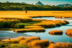 a panorama do a rio e a montanhas. gerado por IA foto