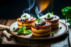 três mini panquecas com creme e ervas em uma de madeira placa. gerado por IA foto