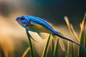 uma azul peixe com amarelo barbatanas em pé em topo do grama. gerado por IA foto