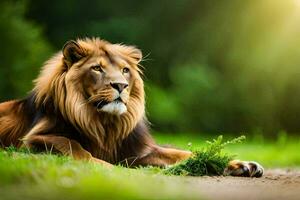 uma leão é deitado em a Relva dentro a luz solar. gerado por IA foto