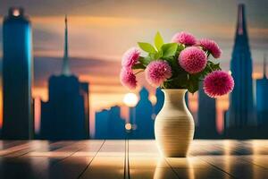 uma vaso com Rosa flores em uma mesa dentro frente do uma cidade Horizonte. gerado por IA foto