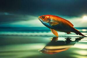 uma peixe é em pé dentro a água às pôr do sol. gerado por IA foto