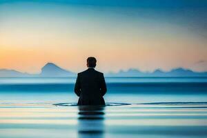 uma homem dentro uma terno senta dentro a oceano às pôr do sol. gerado por IA foto