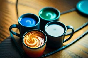 três café copos com diferente cores do líquido. gerado por IA foto
