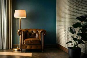 uma couro cadeira dentro uma quarto com uma lâmpada. gerado por IA foto