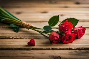 vermelho rosas em uma de madeira mesa com uma coração. gerado por IA foto