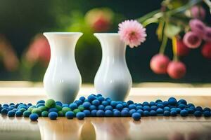 dois vasos com azul e Rosa flores sentado em uma mesa. gerado por IA foto