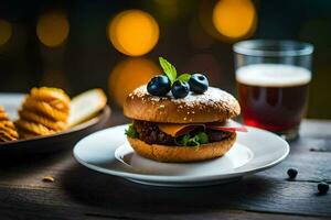 uma hamburguer com amoras e queijo em uma placa. gerado por IA foto