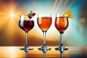 três óculos do vinho com diferente bebidas em uma mesa. gerado por IA foto