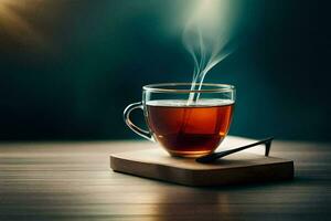 uma copo do chá em uma de madeira bandeja. gerado por IA foto