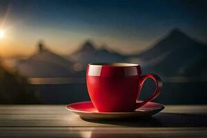 uma vermelho copo senta em uma mesa com montanhas dentro a fundo. gerado por IA foto