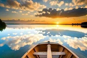 uma barco em uma lago com uma pôr do sol dentro a fundo. gerado por IA foto