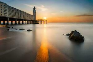 uma grandes exposição fotografia do uma cais às pôr do sol. gerado por IA foto