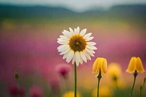 uma solteiro amarelo e branco flor carrinhos Fora dentro uma campo. gerado por IA foto