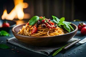 espaguete com tomates e manjericão dentro uma de madeira tigela. gerado por IA foto