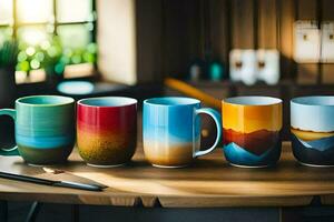 cinco colorida café canecas em uma mesa. gerado por IA foto