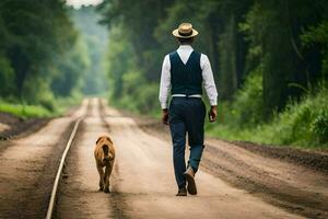 uma homem dentro uma terno e chapéu caminhando baixa uma estrada com uma cachorro. gerado por IA foto