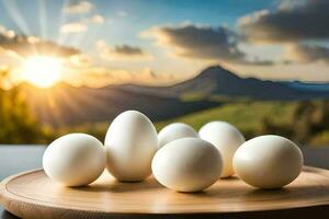 ovos em uma prato com montanhas dentro a fundo. gerado por IA foto