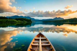 uma barco é flutuando em a calma águas do uma lago. gerado por IA foto