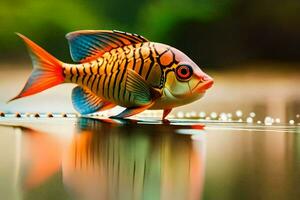 uma peixe com brilhante cores em pé em a água. gerado por IA foto