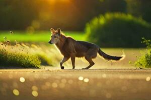 uma Lobo caminhando em uma estrada às pôr do sol. gerado por IA foto