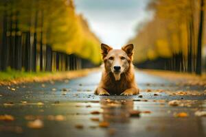 uma cachorro sentado em a estrada dentro a meio do a outono floresta. gerado por IA foto