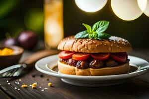 uma Hamburger com tomates e queijo em uma branco placa. gerado por IA foto