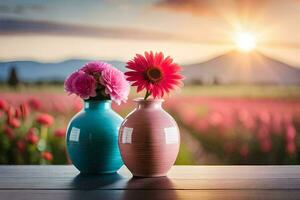 dois vasos com Rosa flores em uma mesa dentro frente do uma pôr do sol. gerado por IA foto