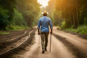 uma homem caminhando baixa uma sujeira estrada com uma bengala. gerado por IA foto