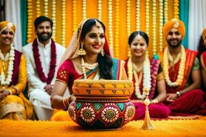 indiano Casamento cerimônia com noiva e noivo. gerado por IA foto