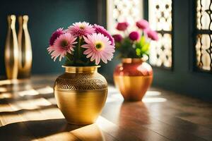 dois vasos com Rosa flores sentado em uma de madeira chão. gerado por IA foto