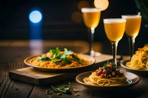 espaguete e vinho em uma de madeira mesa. gerado por IA foto