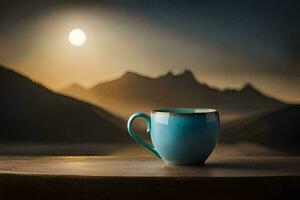 uma azul copo senta em uma mesa dentro frente do uma montanha. gerado por IA foto