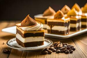 uma sobremesa com café feijões e chocolate. gerado por IA foto