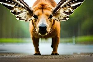 uma vaca com asas em Está cabeça caminhando em a estrada. gerado por IA foto