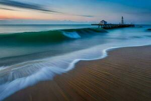 uma grandes exposição fotografia do ondas falhando em a de praia. gerado por IA foto