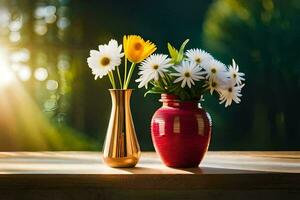 dois vasos com flores em uma mesa. gerado por IA foto