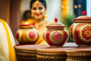 uma mulher dentro tradicional indiano vestuário é segurando uma Panela. gerado por IA foto