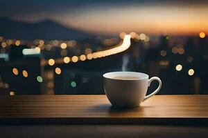 uma copo do café em uma mesa dentro a cidade. gerado por IA foto