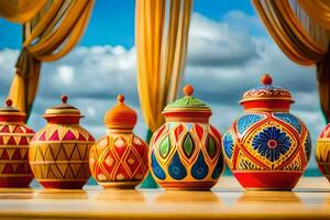 colorida vasos em uma de madeira mesa com cortinas. gerado por IA foto