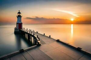 uma farol carrinhos em uma cais às pôr do sol. gerado por IA foto