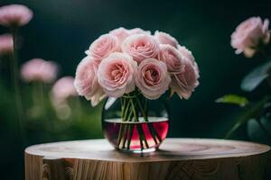 Rosa rosas dentro uma vaso em uma de madeira mesa. gerado por IA foto