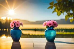 dois azul vasos com flores sentado em uma mesa dentro frente do uma lago. gerado por IA foto