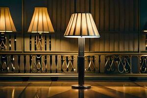 uma luminária é sentado em uma mesa dentro frente do uma muro. gerado por IA foto