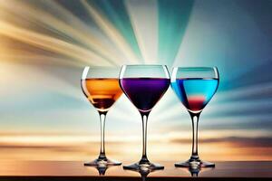 três vinho óculos com diferente colori líquidos. gerado por IA foto