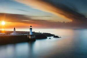 uma farol é visto dentro a distância às pôr do sol. gerado por IA foto