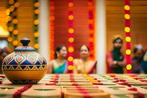 indiano Casamento decoração com colorida panelas e vasos. gerado por IA foto