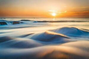 a Sol conjuntos sobre a oceano dentro isto grandes exposição fotografia. gerado por IA foto