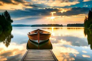 uma barco senta em a doca às pôr do sol. gerado por IA foto