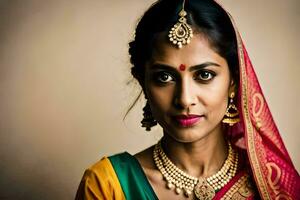 uma lindo indiano mulher vestindo uma sári. gerado por IA foto